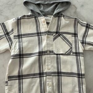 Zara White and Gray Plaid Kids Button Down Shirt with Hood